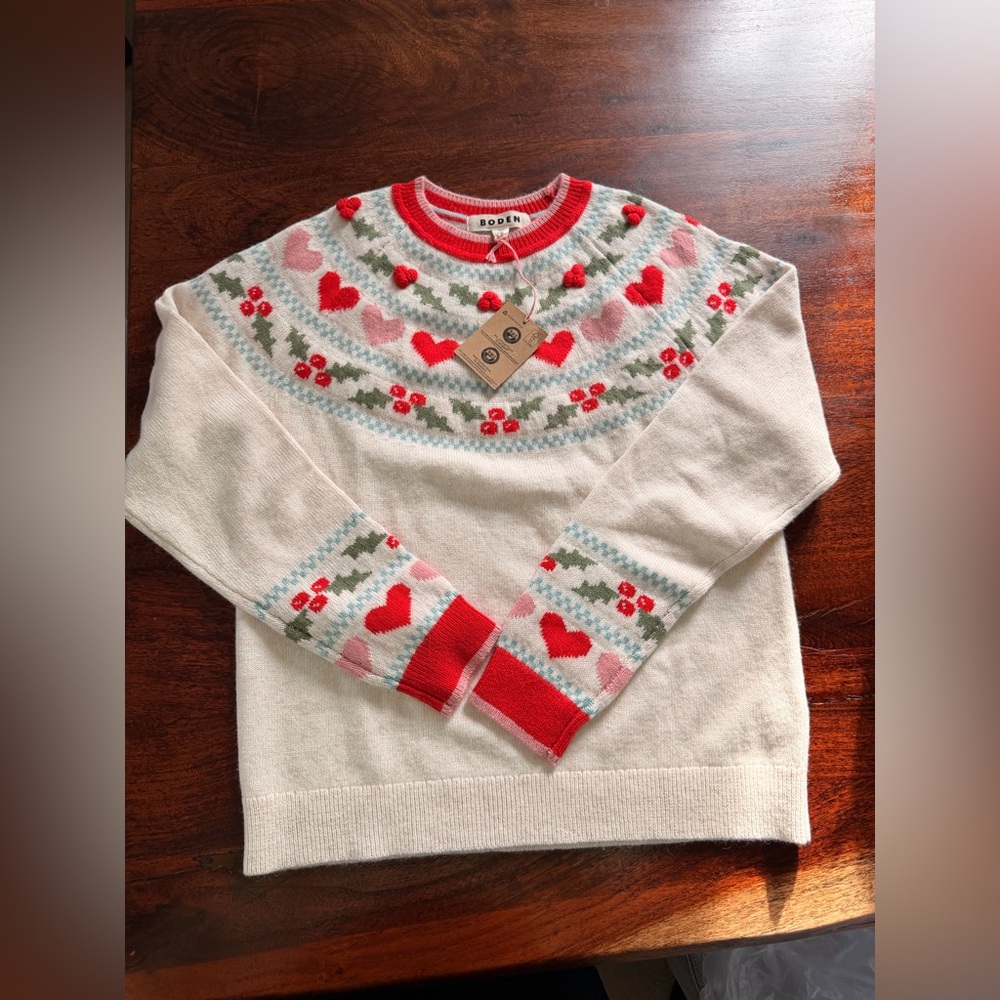 Boden Edie Fair Isle Hearts Wool Blend Jumper, Oatmeal - Picture 2 of 4